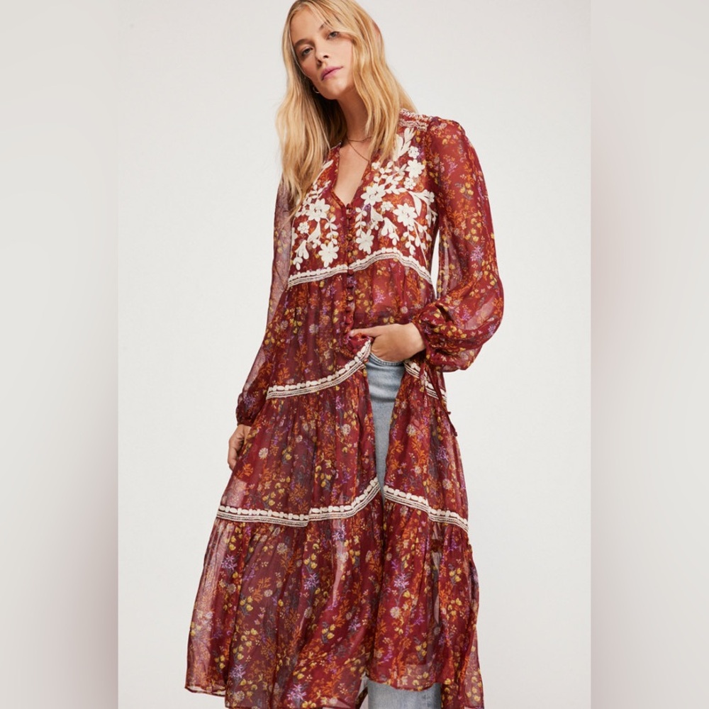 Free People Call on Me Embroidered Maxi Top in Merlot Combo